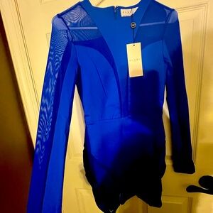 Brand Club London, blue bandage dress with mesh on sleeves size 4 long sleeve